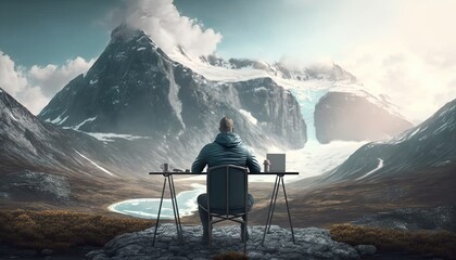 Freelancer sits at table and works with laptop, beautiful outdoor nature landscape with mountains background, work online in travel concept. Man freelancer works on nature outdoor, generative AI