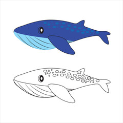 Obraz premium Set of marine mammals blue whales, sharks, sperm whales, dolphins, beluga whales, narwhal killer whales. Cartoon vector graphics.