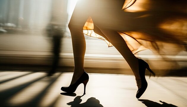 Female Feet High Heels Running On Sunny City Street Among Cars And People Silhouettes, Hurrying A Woman Wearing High Heels Shoes Motion Blur. Beautiful Sexy Woman High Heels On Street, Generative AI