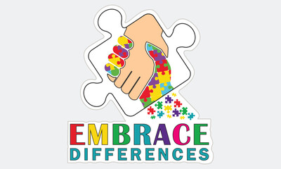 Embrace Differences T-shirt Design Vector Illustratiion- Autism T-shirt Design Concept. All Designs Are Colorful And Created Using Ribbon, Puzzles, Love, Etc.Autism Background, Banner, Poster