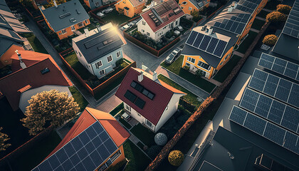 A row of houses with solar panels on the roof. Clean energy. Generative AI