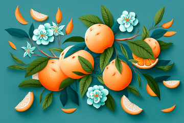 Obraz na płótnie Canvas Watercolor drawing of fresh orange and tangerine in orange color with flowers and leaves, organic natural fruits on a blue background, freehand drawing, space for text. Generative AI.