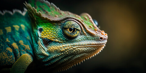 Fototapeta premium Green chameleon with textured skin close-up, blurred tropical background. Multi-colored skin of a chameleon in nature. Generative AI.