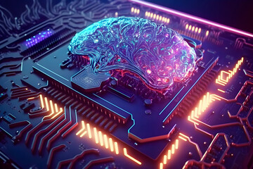 Concepto futurista, cambio tecnológico. Placa de circuito impreso, microchip con forma de cerebro humano. Conexiones tecnológicas. Generada por ia - obrazy, fototapety, plakaty