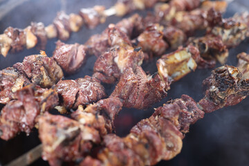 Close-up of several skewers with grilled juicy meat in smoke.