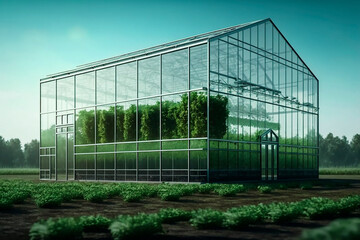 Fototapeta premium A large farm with a greenhouse for growing fresh vegetables and herbs with care for nature, a technological business farm with modern technologies. Generative AI.