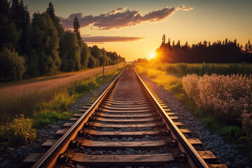 Forest trees along a railroad on an summer sunset. Train tracks travel concept. Generative AI.