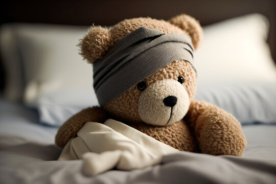 A sick teddy bear with a bandage on his head lies in bed with a fever and a headache. Generative ai
