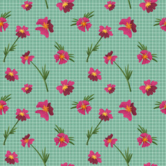 Green gingham pink flowers pattern background. Tablecloth, picnic, fabric , textile. Checkered floral ornament