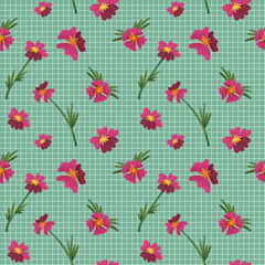 Green gingham pink flowers pattern background. Tablecloth, picnic, fabric , textile. Checkered floral ornament
