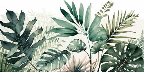 Palm leaves and flowers pattern in modern style, tropical print on white background, botanical design and green colors. Generative AI.
