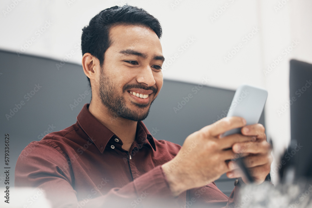 Poster phone, smile and businessman texting a social media message in an office online, internet or web lau