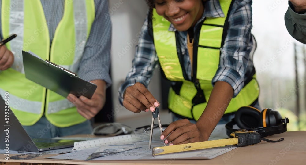 Aufkleber architect team working with blueprints for architectural plan, engineer sketching a construction pro