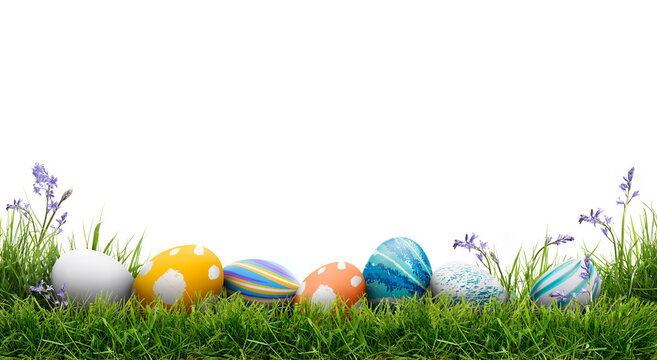 A collection of painted easter eggs celebrating a Happy Easter template with green grass and transparent background.