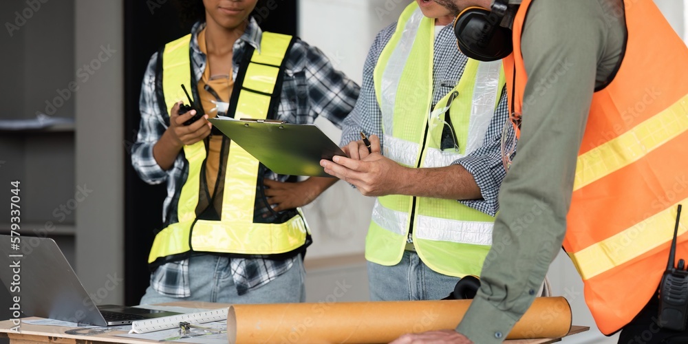Aufkleber architect team working with blueprints for architectural plan, engineer sketching a construction pro