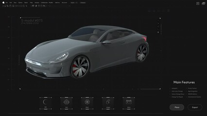 Dark Interface Mockup of Professional CAD Computer Software: 3D Animated Project Of a Sports Car. Detailed 3D Model of Futuristic Super Car Electric Vehicle. Green Energy Powered Technology Concept.