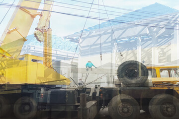 Double exposure image of construction site show heavy machine working on housing project. Image for property business and construction industry background.
