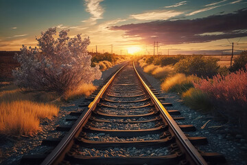 Fototapeta na wymiar Forest trees and flower along a railroad on an summer sunset. Train tracks travel concept. Generative AI.