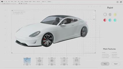 Light Interface Mockup of Professional CAD Computer Software With 3D Animated Project Of a Modern Sports Car. 3D Model of Futuristic Super Car Electric Vehicle. Green Energy Powered Technology. - Powered by Adobe