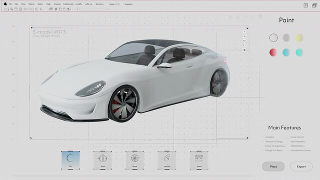 Light Interface Mockup of Professional CAD Computer Software With 3D Animated Project Of a Modern Sports Car. 3D Model of Futuristic Super Car Electric Vehicle. Green Energy Powered Technology.