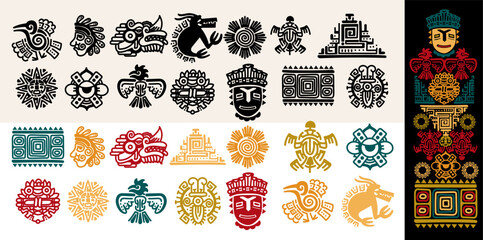 Set of Mexican gods symbols. Black and colored abstract aztec animal bird totem idols, ancient inca maya civilization primitive traditional signs. Vector indigenous culture symbols and mythic rituals.