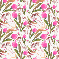 Seamless watercolor pattern with pink tulips on a light background. Fabric, texture, background for bed linen, wallpapers, napkins, wrapping paper. Endless botanical ornament with spring flowers.
