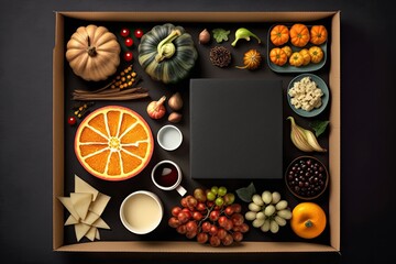 Ideas behind a balanced diet. Thanksgiving, or the Harvest Festival. Recent produce. Plan to lose weight by dieting. Top down, top view, or flatlay. Supply of food. Products are delivered in a tray th