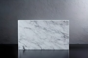 Black plinth with a white marble tile in front of a white textured background, studio setting, accent lighting. Generative AI.