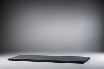 Thin black slate plinth against a grey background in a studio setting with soft light. Generative AI.