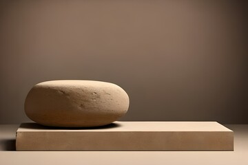 Flat natural beige stone plinth against a brown background in a studio setting with soft lighting. Generative AI.