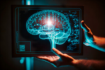 Holograma cerebral en medicina.Manos de un médico sosteniendo una pantalla digital con la proyección de un holograma del cerebro humano. Tecnología orientada al futuro.Generada por ia - obrazy, fototapety, plakaty