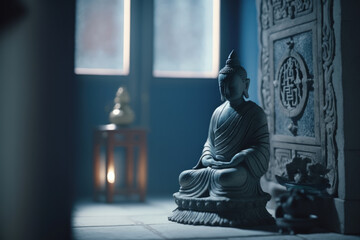 Meditation: Meditating Buddha statue in a calm blue atmosphere | Generative AI Production