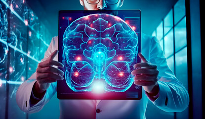 Médico mostrando una pantalla digital con la proyección de un holograma del cerebro humano. Concepto futurista de Investigación médica. Generada por ia - obrazy, fototapety, plakaty