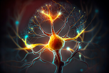 Red neuronal en el Cerebro humano que muestra la activación de neuronas y extensiones neuronales.Generada por ia - obrazy, fototapety, plakaty