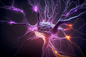 Red neuronal en el Cerebro humano que muestra la activación de neuronas y extensiones neuronales. Generada por ia - obrazy, fototapety, plakaty