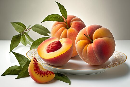 Midsummer peaches on a white background, just waiting to be sliced into heavenly peaches. Generative AI