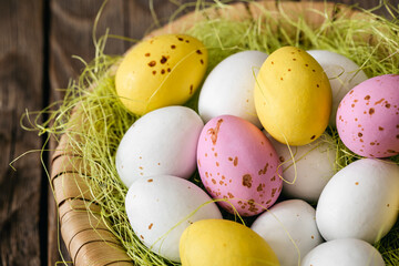 Easter composition with eggs in a decorative nest.