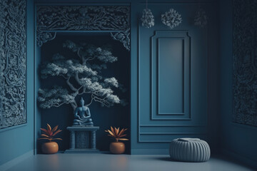 Meditation space: Blue interior with Buddha, bonsai, and other stuff in a calm atmosphere | Generative AI Production