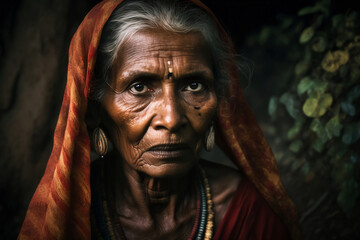 Portrait of elderly Indian village woman with headscarf in the forest (Generative AI) - obrazy, fototapety, plakaty
