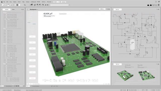 Light Interface Mockup of Professional CAD Computer Software With Digital Model of Circuit Board Being Design. Modern Motherboard Production Process or Microchip For Electronic Devices Concept.