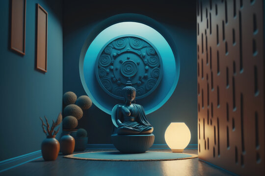Meditation space: Blue interior with Buddha, bonsai, and other stuff in a calm atmosphere | Generative AI Production