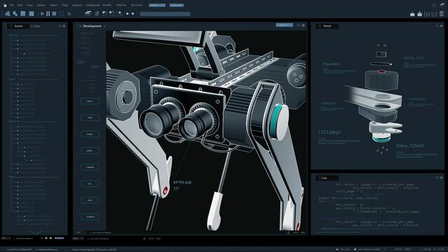 Dark Interface Mockup of Professional CAD Computer Software With 3D Model Of Programmable Robot Dog Assistant. Animated Prototype of Robotic Dog Being Developed. Robotics and Electronics Concept.