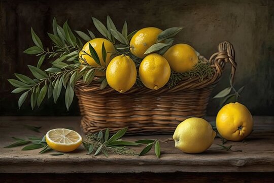 Several lemons and a sprig of rosemary sit in a wicker basket on some old, white wood boards. This is a fantastic vantage point. Generative AI