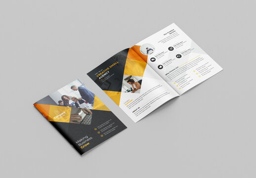Bifold Brochure Layout with Abstract Elements and Orange Accents