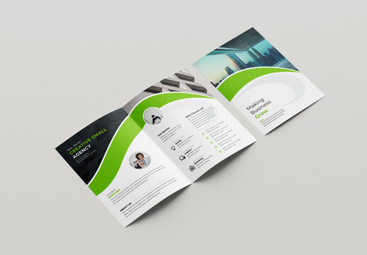 Bifold Brochure Layout with Green and Black Accents