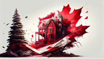 Fotobehang  Canada Day July 1st. Happy canada day template with maple leaves. Poster, card, banner, background design. Generative AI © Dm