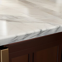 marble counter, couse up, shallow depth of field. Empty white marble table top edge for product display. Generative AI