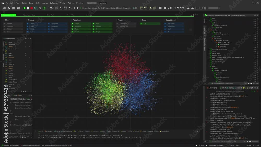 Leinwandbilder Visualization of Neural Network Software Interface on Black Background Working on a Computer. Various Clusters of Connections Loading, Interchanging Data. Mock-up Template for Computer Displays.