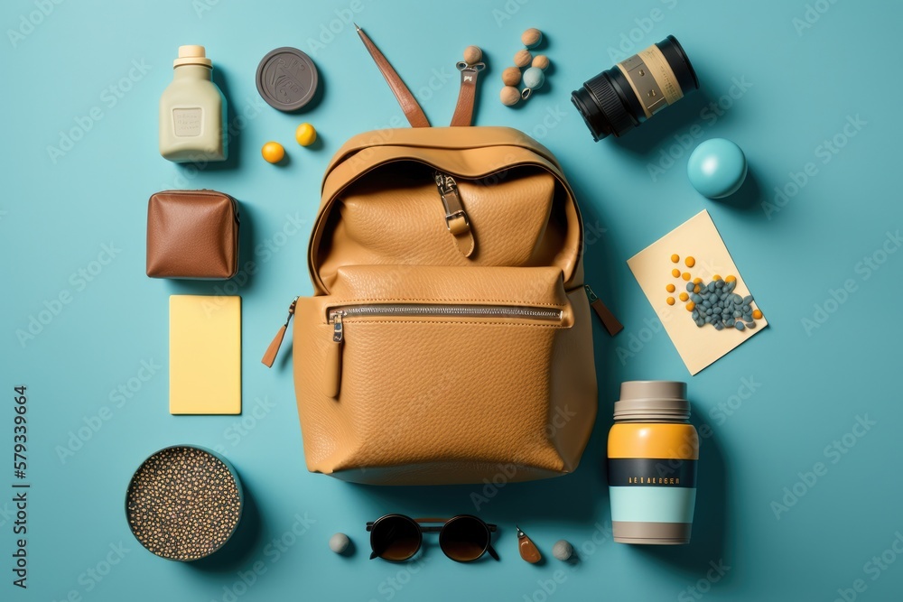 Poster colored background flat lay featuring a bag and its contents. generative ai