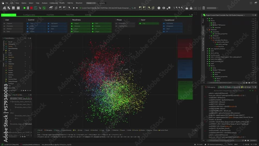 Fototapete Mock Up of Dark Interface of Programming Software for Data Visualization Working on a Computer. Various Clusters of Connections Loading, Interchanging Data. Mock-up Template for Computer Displays.